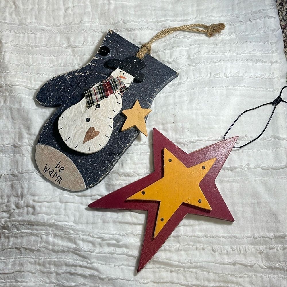 Large Wooden Star and Mitten ornaments